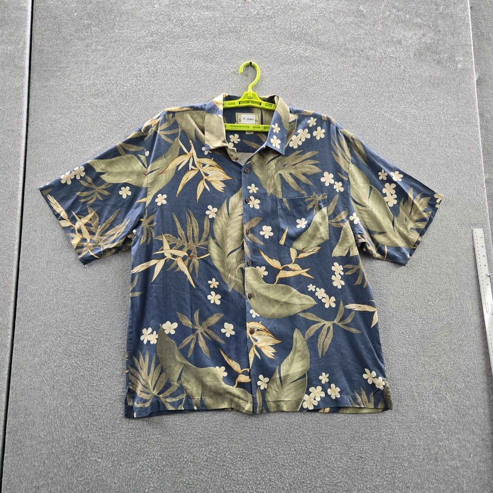 Seven Palm Men Button Up Shirt XXL Blue Silk Floral Hawaiian Shirt Short Sleeve